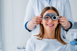 patient wearing trial frames to test for precise vision prescription